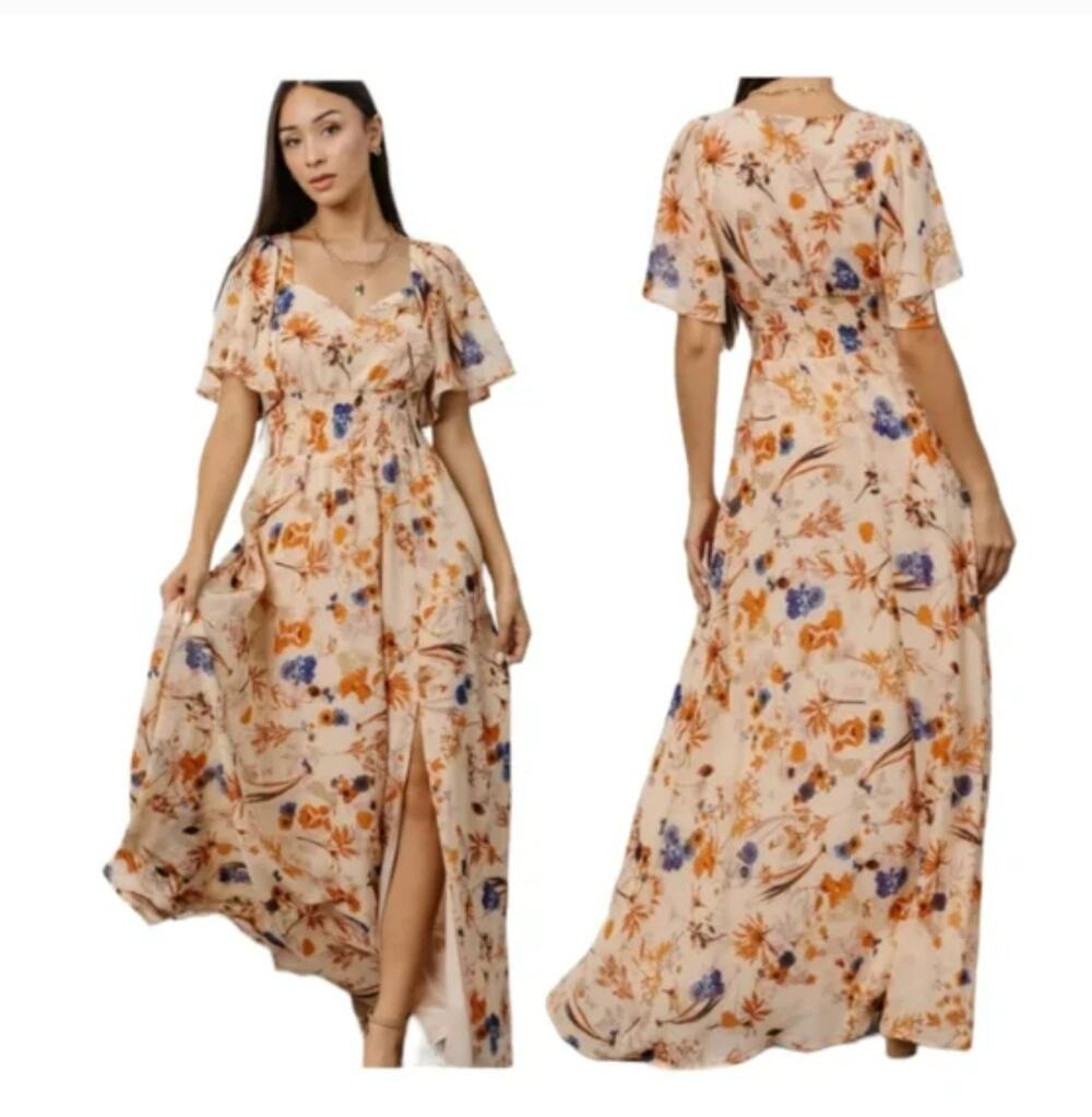 NWT BALTIC BORN April Sweetheart Autumn Bouquet Flutter Sleeve Maxi Dress Size S